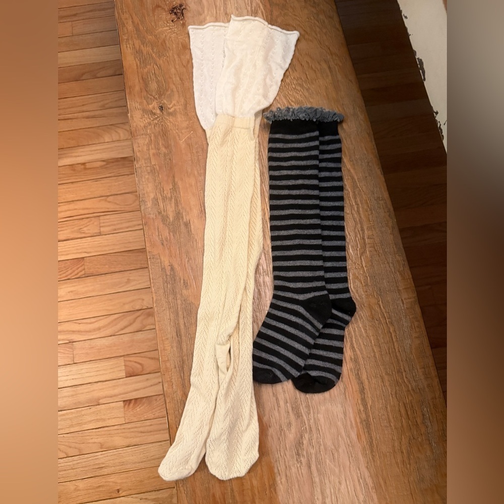 Black and Gray Striped Lace top & Cream Thigh high knit socks 2 pair academia